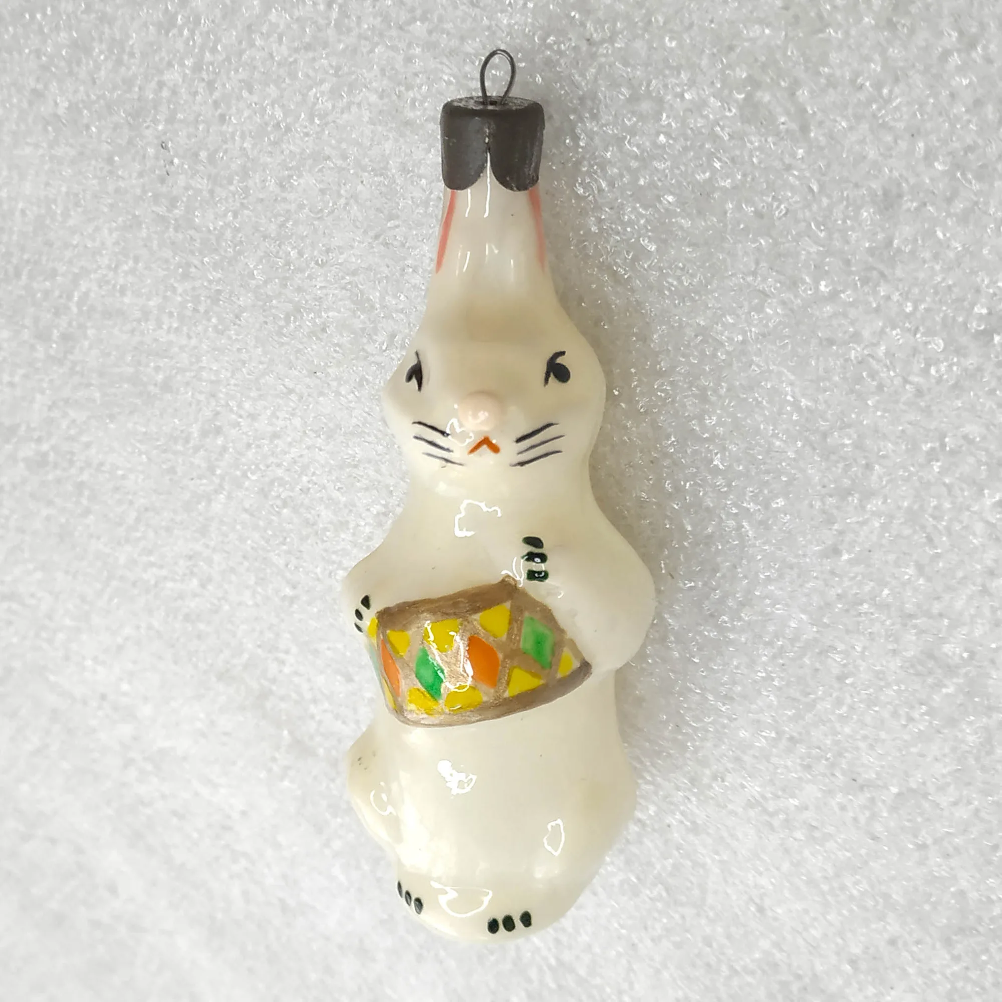 Christmas Ornament Bunny Rabbit Drummer Artist OOAK Hand Painted USSR Shell