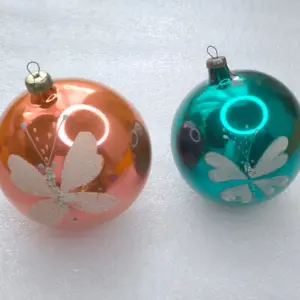 Set of 2 Antique Vintage Silver Glass Christmas Tree Ornaments Balls