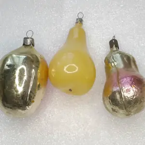 Set of 3 Vintage Silver Glass Christmas Tree Ornaments USSR Antique Pears & Apple