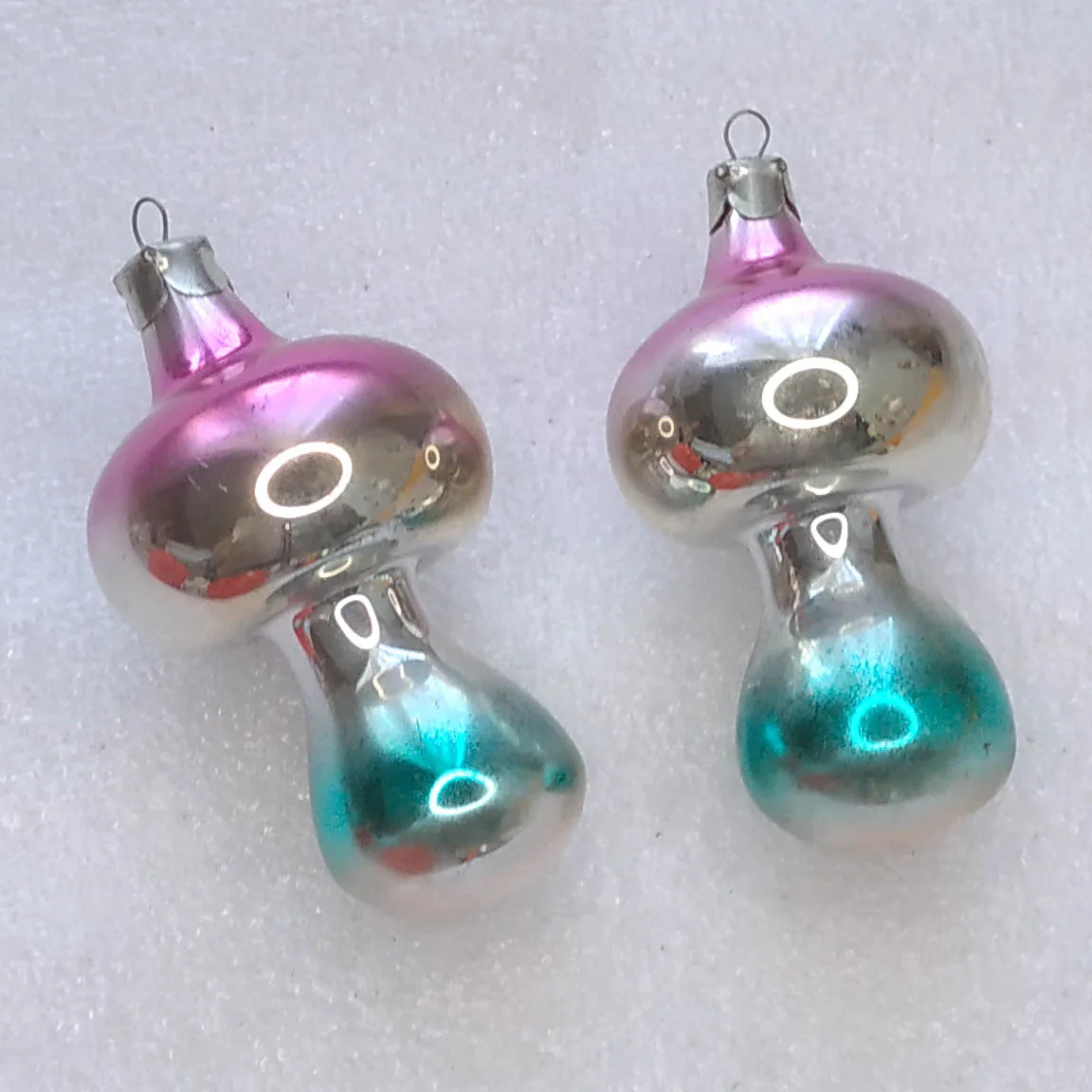 Set of 2 Vintage Silver Glass Christmas Tree Ornaments USSR Antique Mushrooms