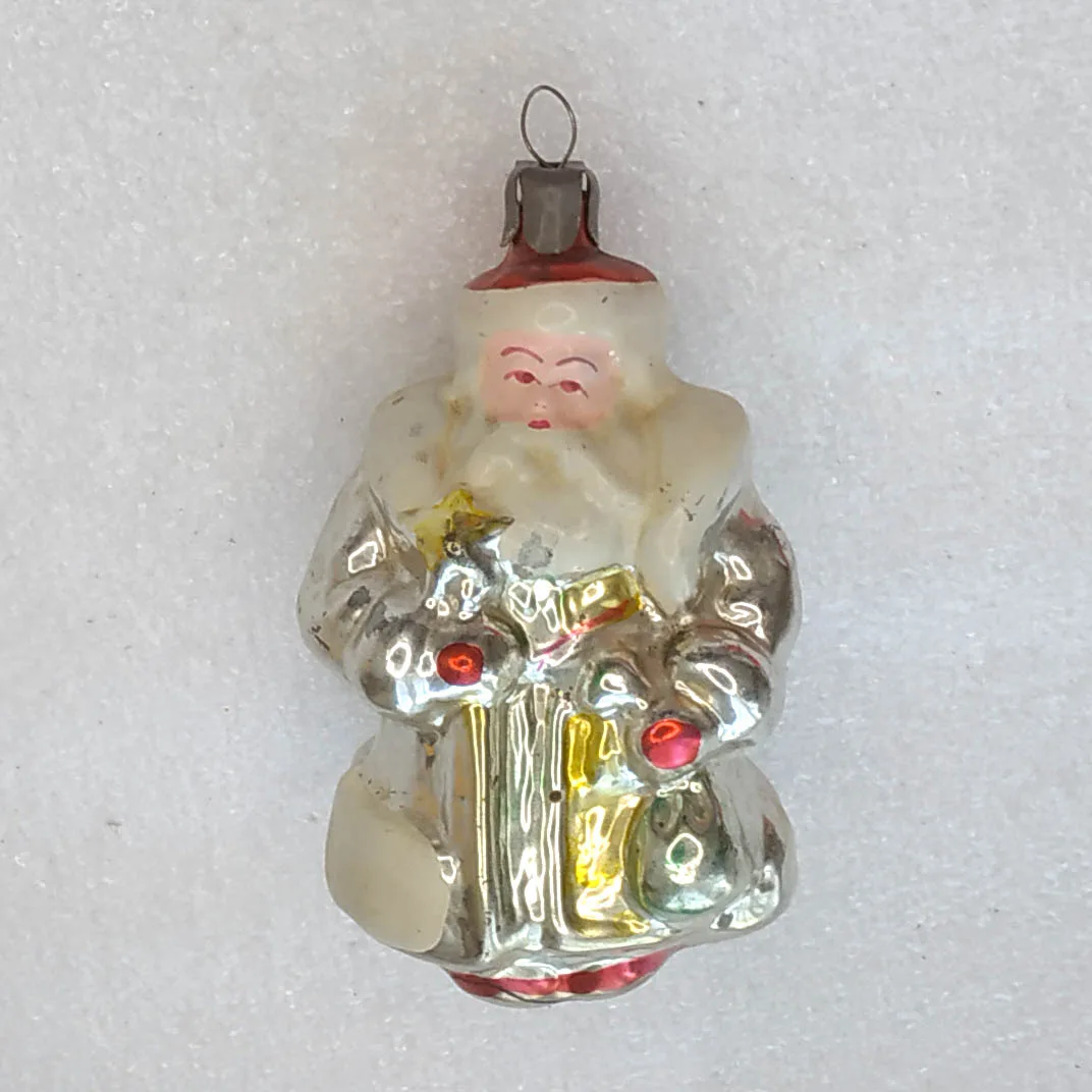 Vintage Silver Glass Christmas Tree Ornament USSR Antique Decor Santa Claus
