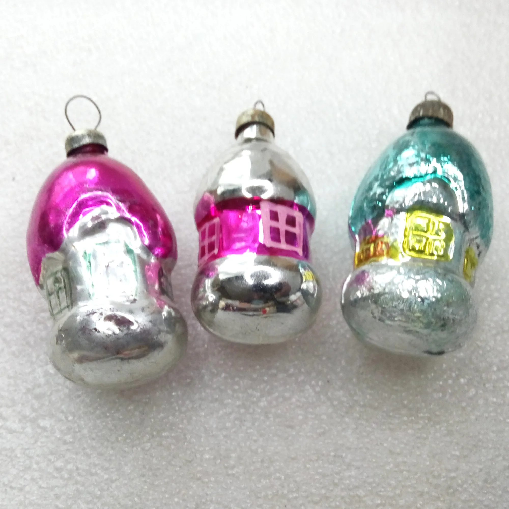 Set of 3 Antique Vintage Glass Christmas Ornaments Houses