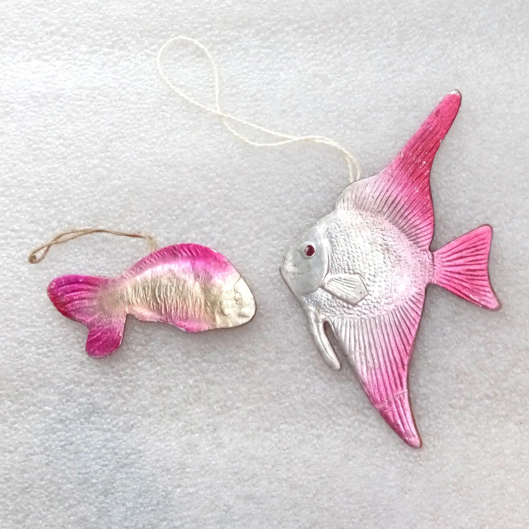 Set of 2 Old Antique Vintage Cardboard Christmas Tree Ornament Fishes