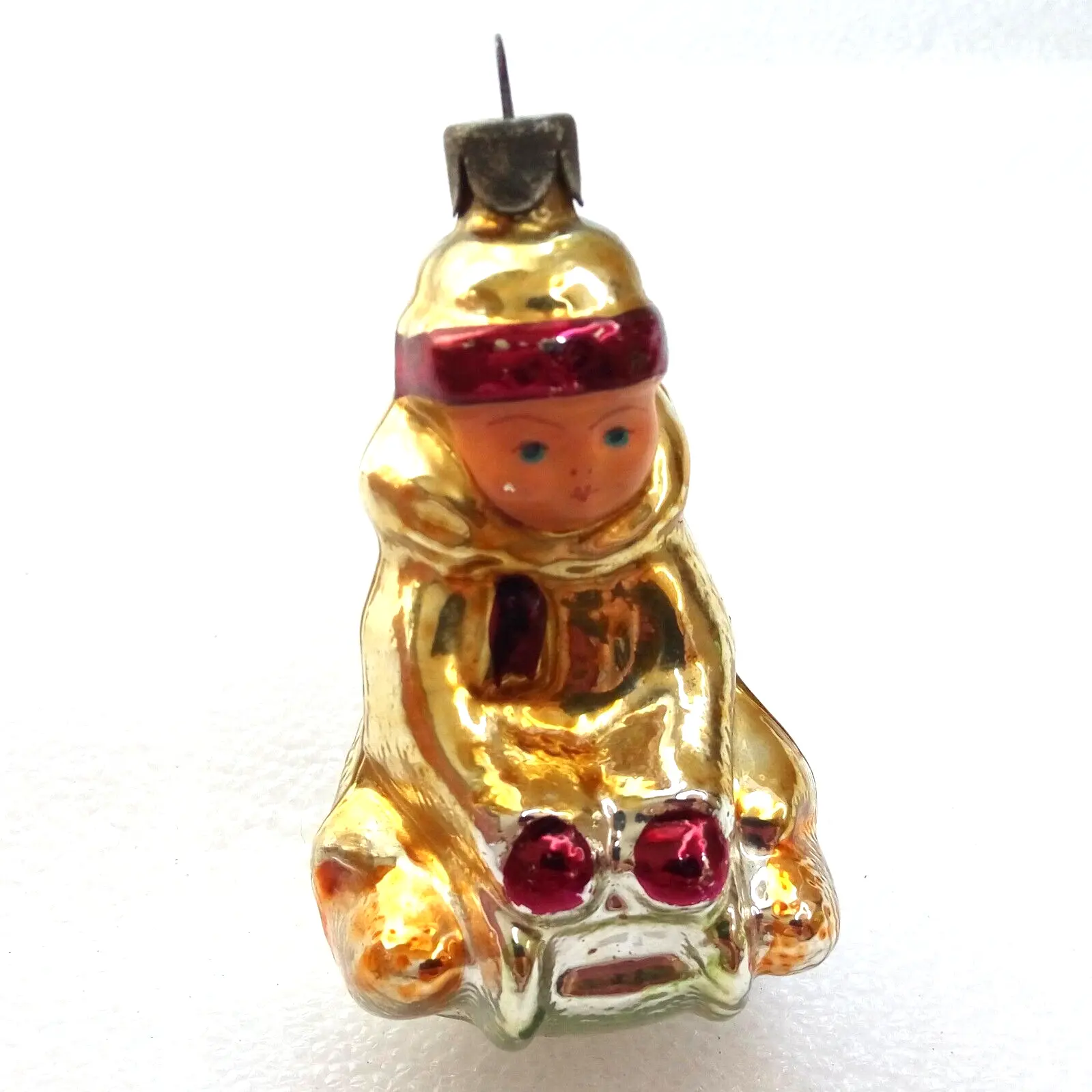 Vintage Ukrainian Glass Christmas Tree Ornament Kid on Sled
