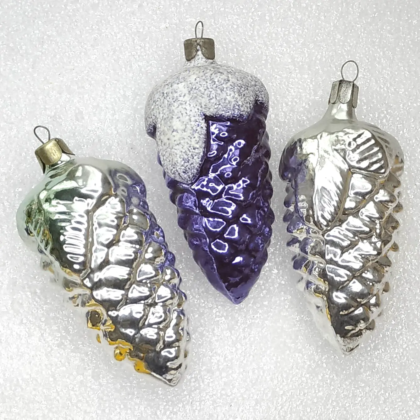Set of 3 Antique Vintage Silver Glass Christmas Ornament Pinecones