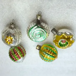 Set of 5 Vintage Soviet Silver Glass Christmas Tree Ornaments Retro