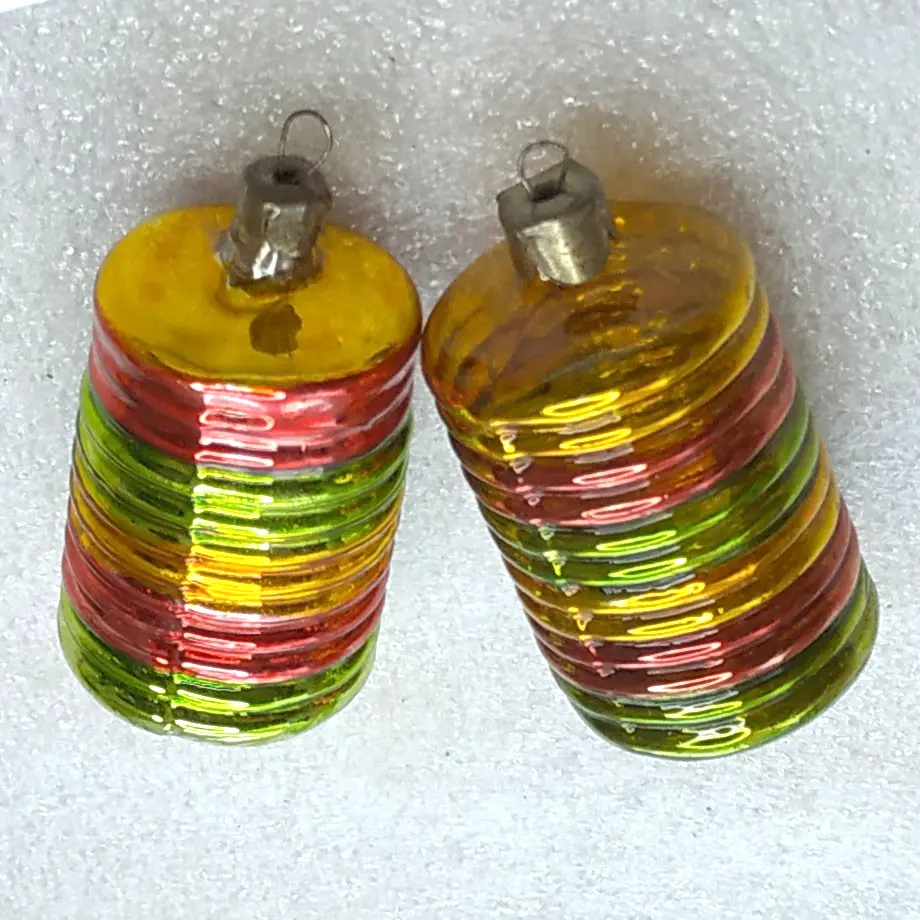 Vintage Soviet Glass Christmas Tree Ornaments Striped Lanterns Set of 2 Retro