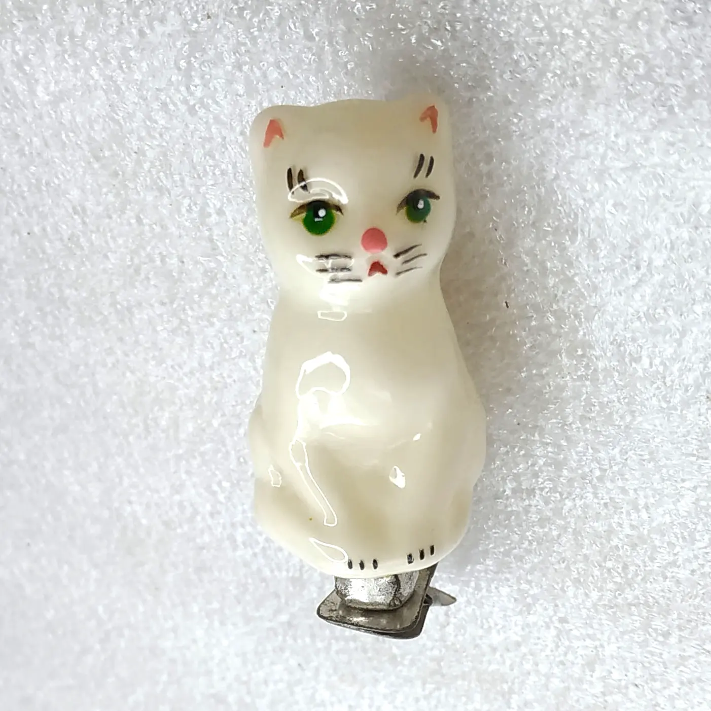 Vintage Soviet Glass Christmas Tree Ornament Cat Figurine on Clip Retro