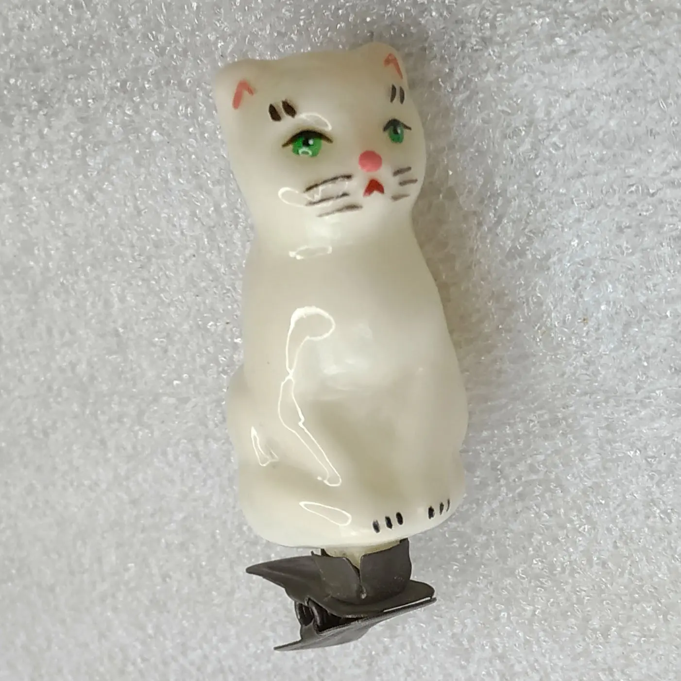 Vintage Soviet Glass Christmas Tree Ornament Cat Figurine on Clip Retro