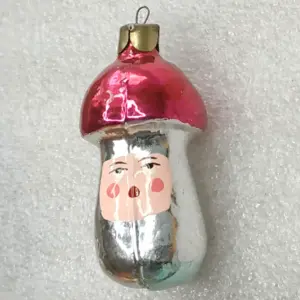 Vintage Soviet Glass Christmas Tree Ornament Mushroom Face Retro Decor