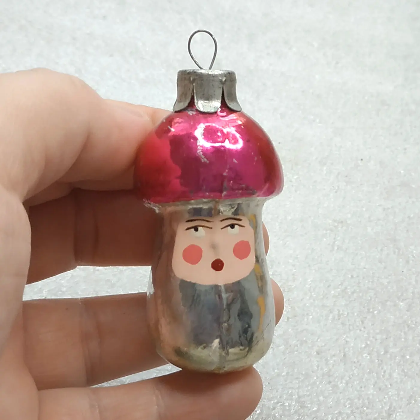 Vintage Soviet Glass Christmas Tree Ornament Mushroom Face Retro Decor