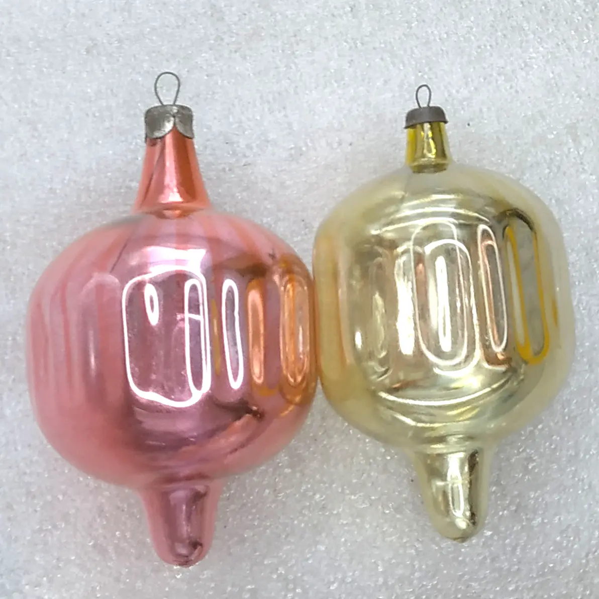 Set of 2 Vintage Soviet Glass Christmas Tree Ornaments Lanterns Half Silvered Retro