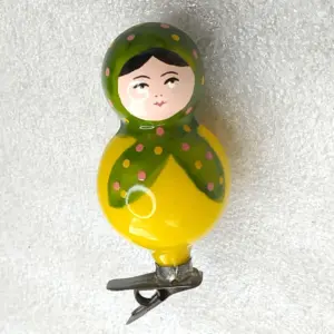 Vintage Soviet Glass Christmas Tree Ornament Matryoshka Doll on Clip Retro