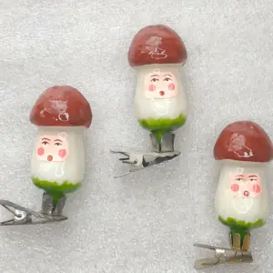 Set of 3 Vintage Soviet Glass Christmas Tree Ornaments Mushroom Face Clip-Ons