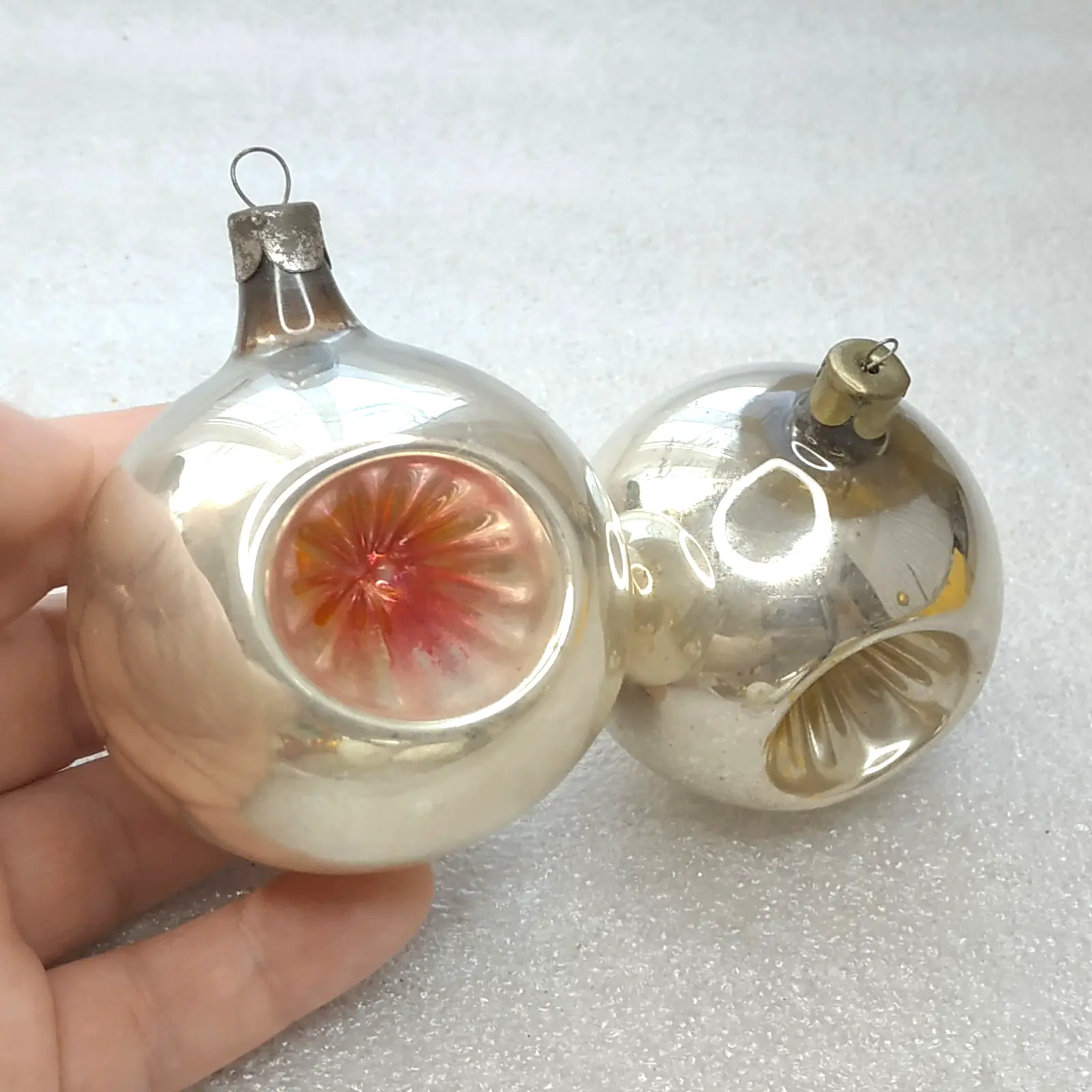 Set of 2 Vintage Mercury Glass Soviet Christmas Ornaments Reflector Balls Retro Decor
