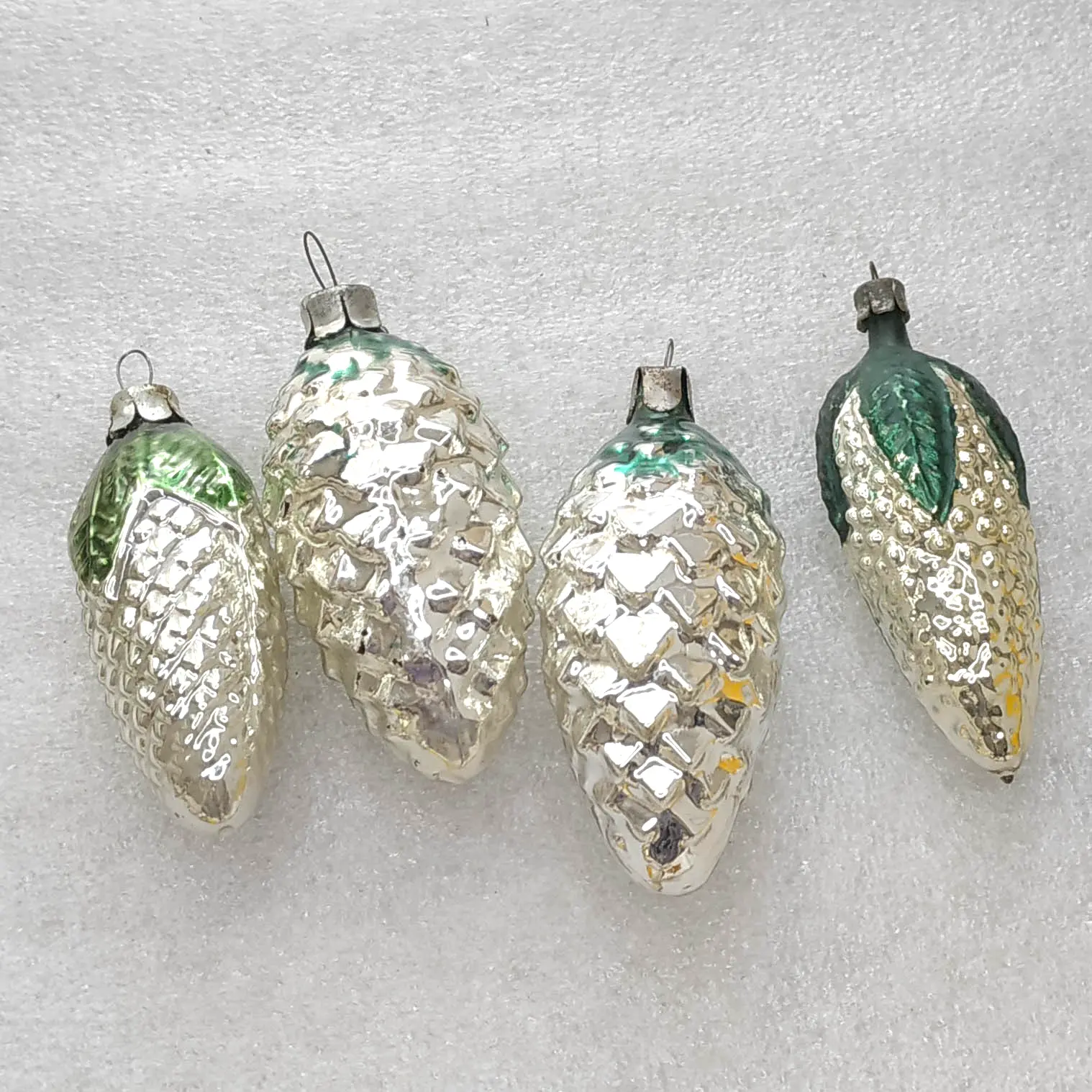 Set of 4 Vintage Mercury Glass Pine Cone Ornaments USSR Christmas Decor