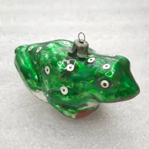 Vintage Glass Frog Christmas Ornament Vibrant Emerald Green White Polka Dot