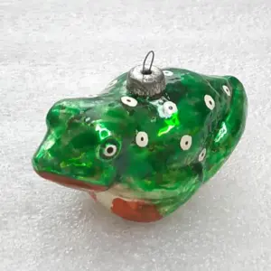 Vintage Glass Frog Christmas Ornament Vibrant Emerald Green White Polka Dot