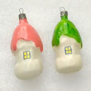 Set of 2 Unique Antique Vintage Glass Christmas Ornament House
