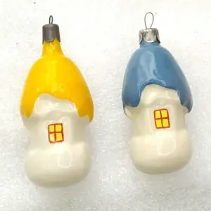 Set of 2 Unique Antique Vintage Glass Christmas Ornament House