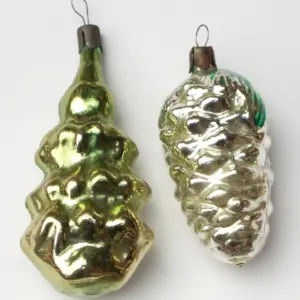 Set of 2 Antique Vintage USSR Silver Glass Christmas Ornament & Pinecone
