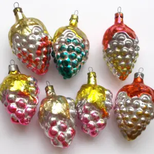 Set of 7 Vintage Ukrainian Silver Glass Christmas Ornament Grapes