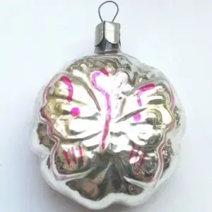 Vintage Ukrainian Silver Glass Soviet Christmas Ornament Butterfly & Flower