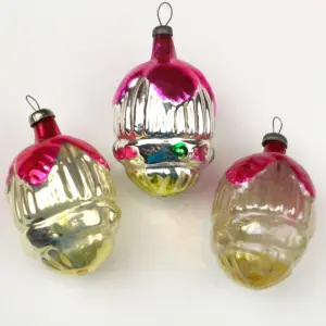 Set of 3 Vintage Antique Silver Glass USSR Christmas Tree Ornaments Old Acorns