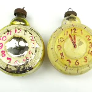 Set of 2 Antique Vintage Mercury Glass USSR Christmas Tree Ornament Decor Huge Clocks