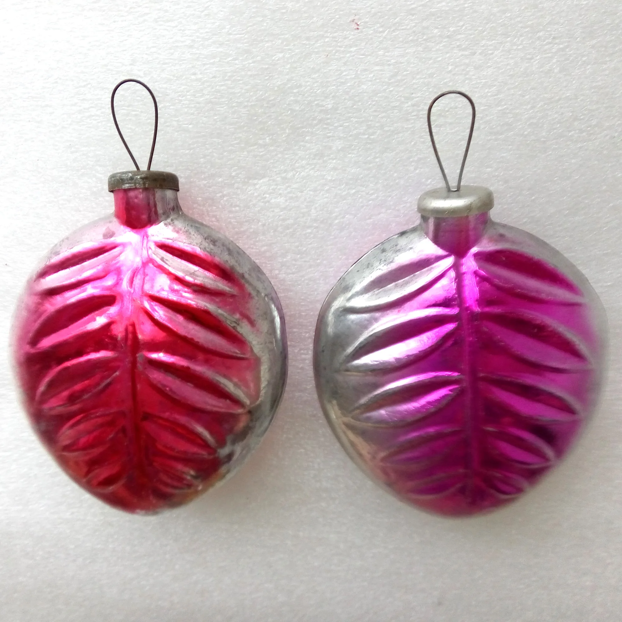 Set of 2 Huge Vintage Glass Christmas Ornament Leaves