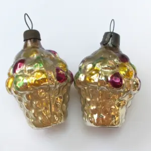 Set of 2 Antique Vintage Silver Glass Christmas Ornaments Old Basket