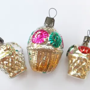 Set of 3 Antique Vintage Glass Christmas Ornaments Old Baskets