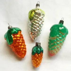 Set of 4 Vintage Russian Glass Christmas Ornaments Pinecones