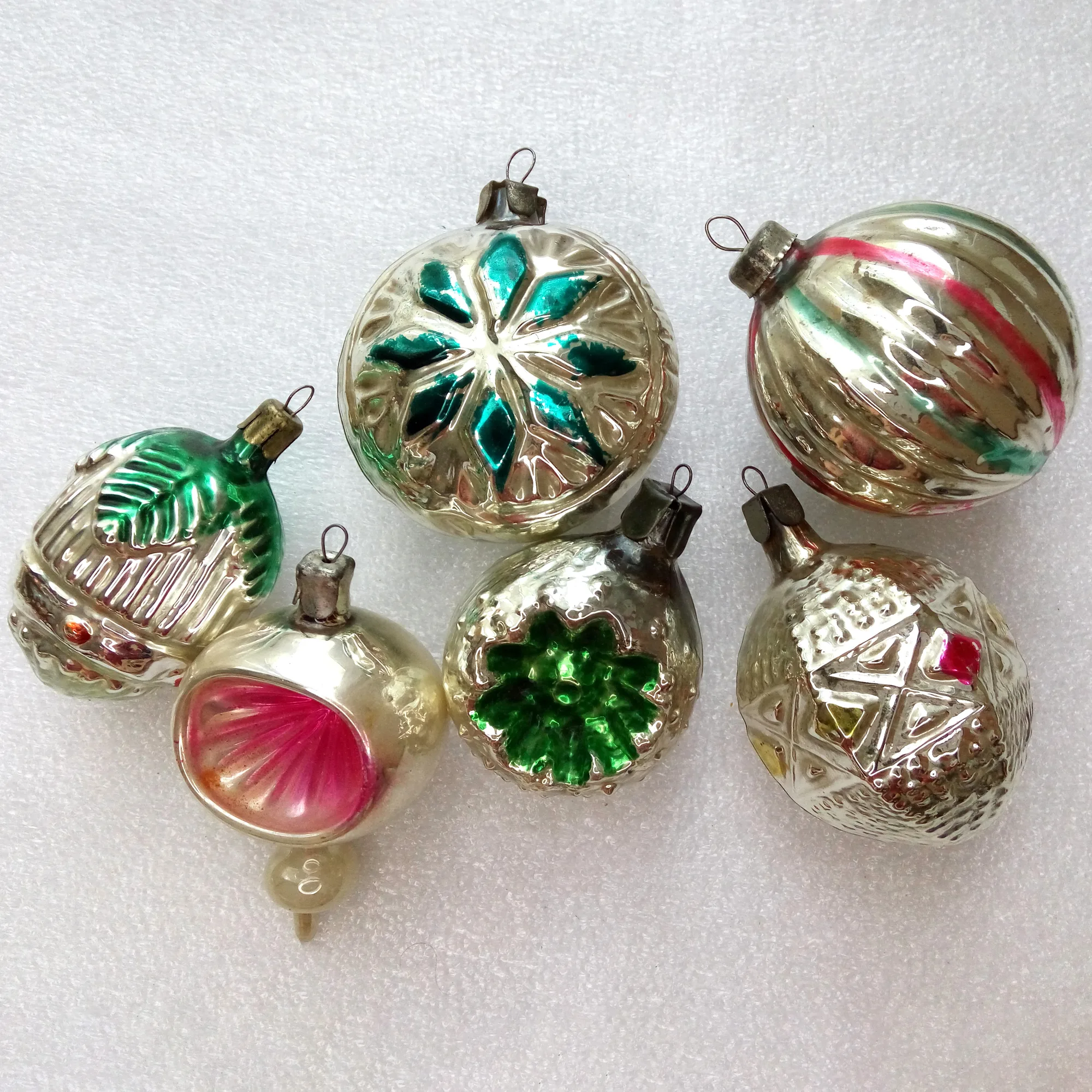 Set of 6 Vintage Glass Christmas Ornaments Old Set