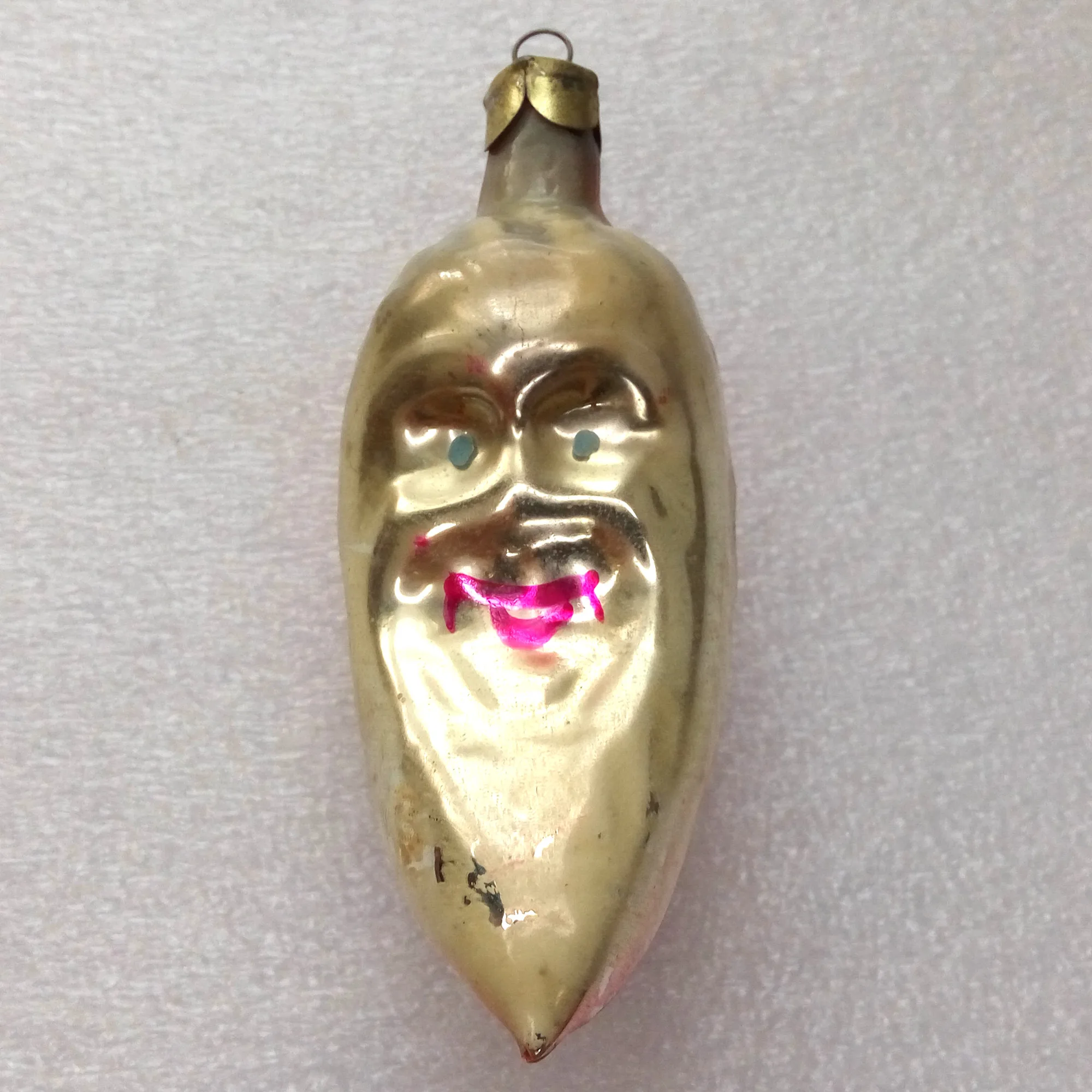 Vintage Glass USSR Christmas Ornament Decor Half Moon Crescent Face Silver