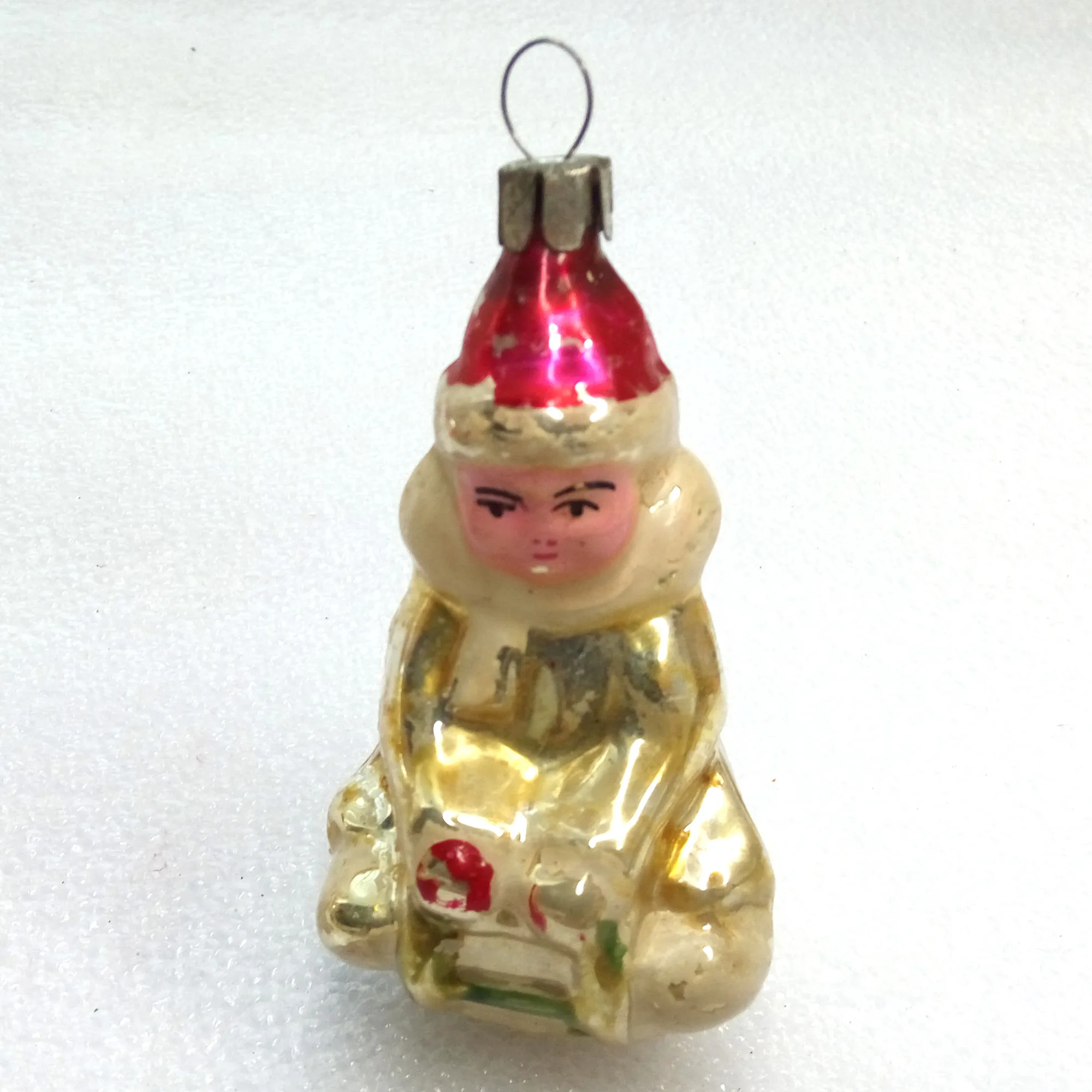 Vintage Glass Christmas Ornament Toy Kid on Sledge