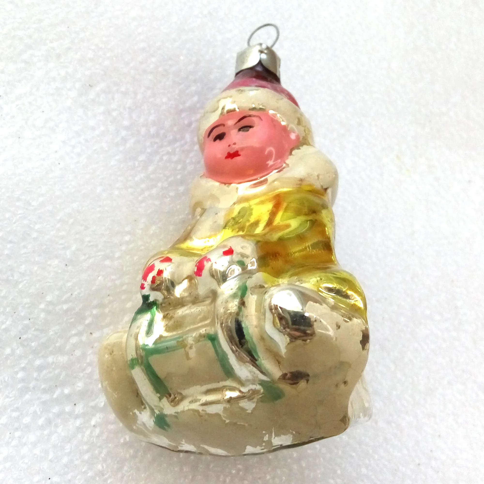 Vintage Glass Christmas Ornament Toy Kid on Sledge