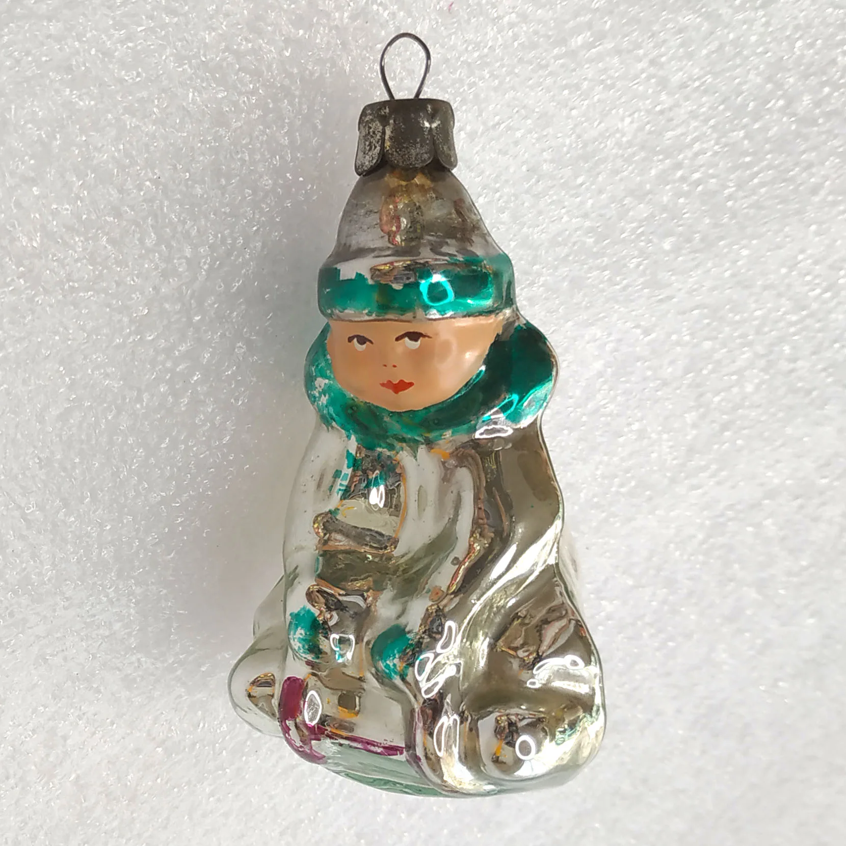 Antique Vintage Mercury Glass USSR Christmas Ornament Decor Kid Boy Sled Figure