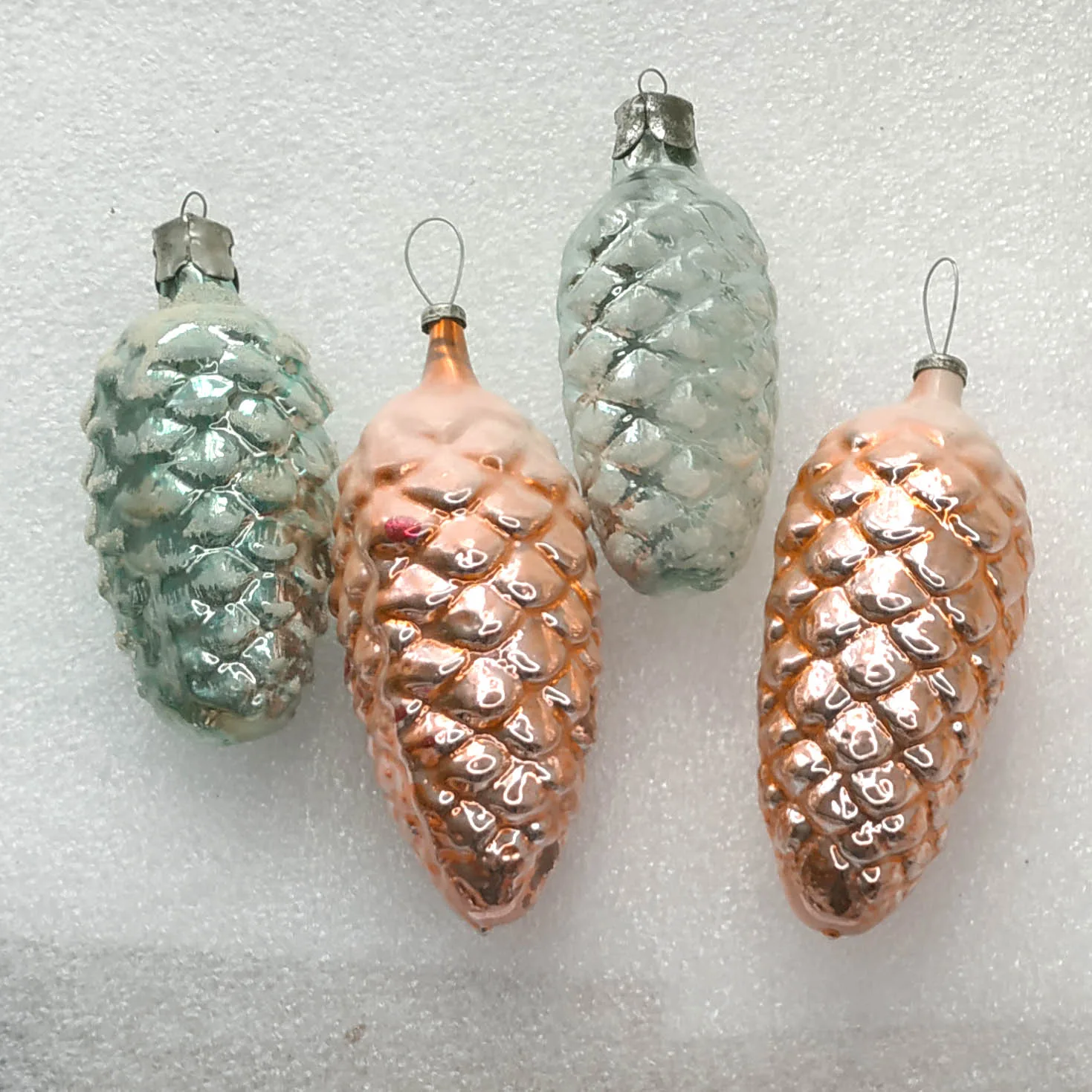 Set of 4 Antique Vintage Silver Glass Christmas USSR Ornament Pinecones