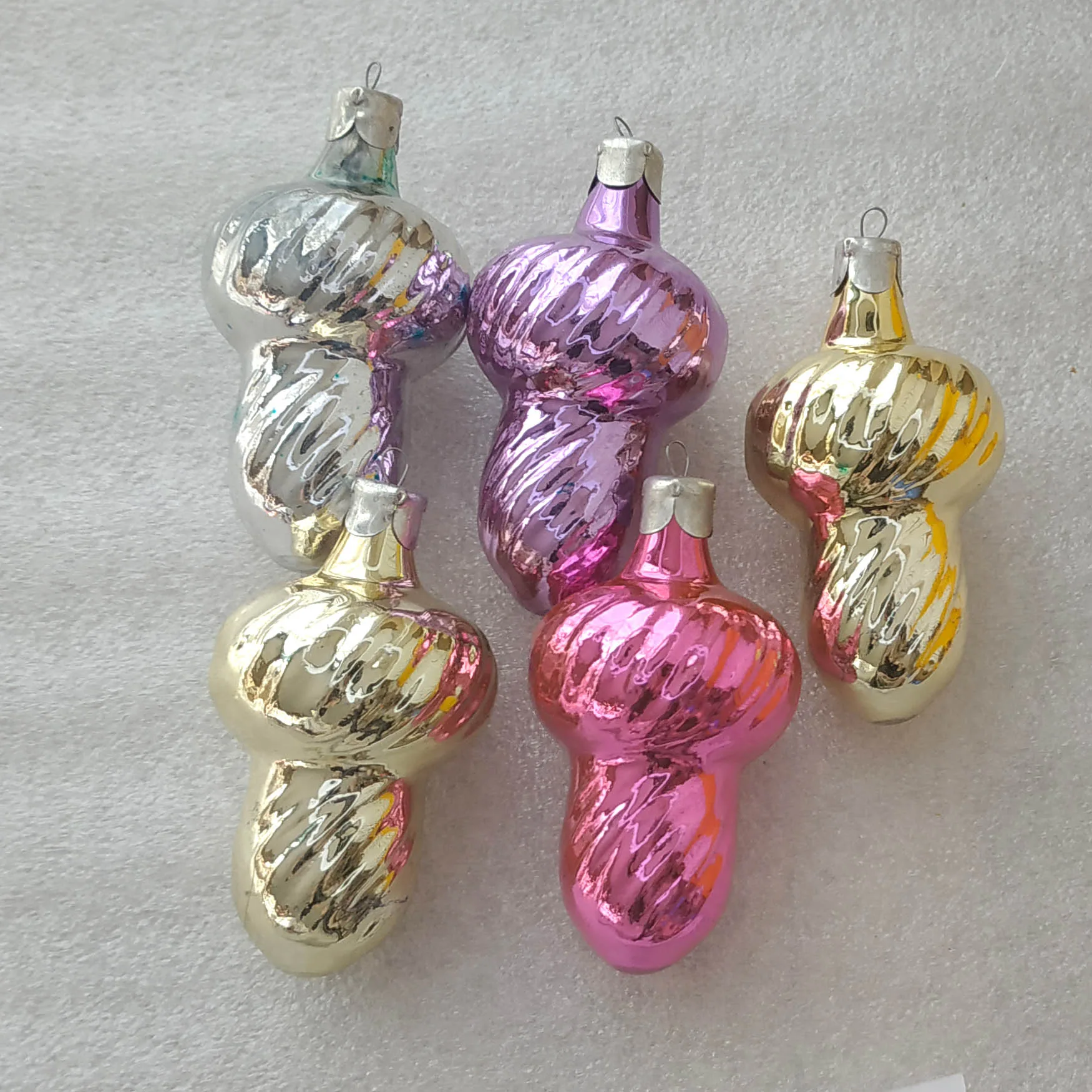 Set of 5 Vintage Silver Glass Christmas USSR Ornaments Antique