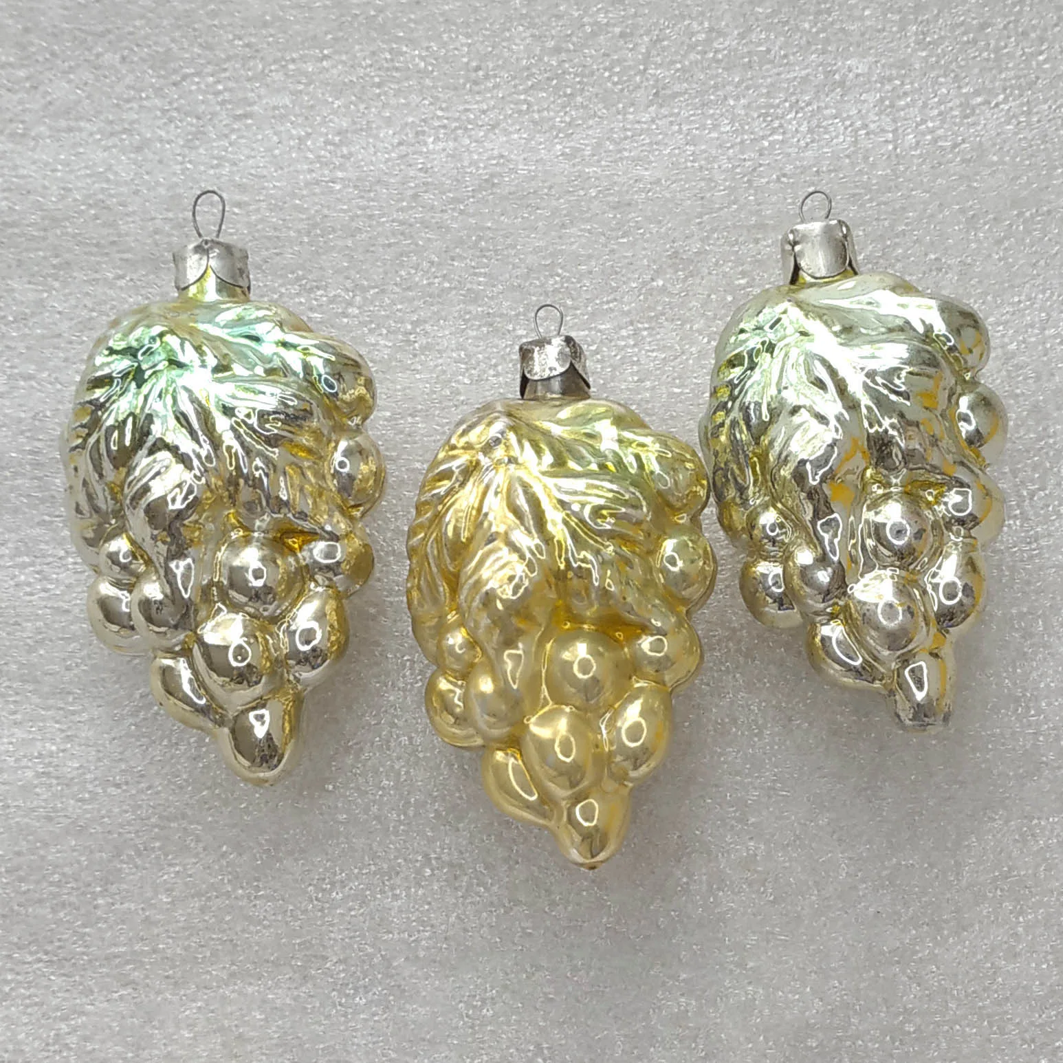 Set of 3 Vintage Silver Glass Christmas USSR Ornaments Antique Grapes