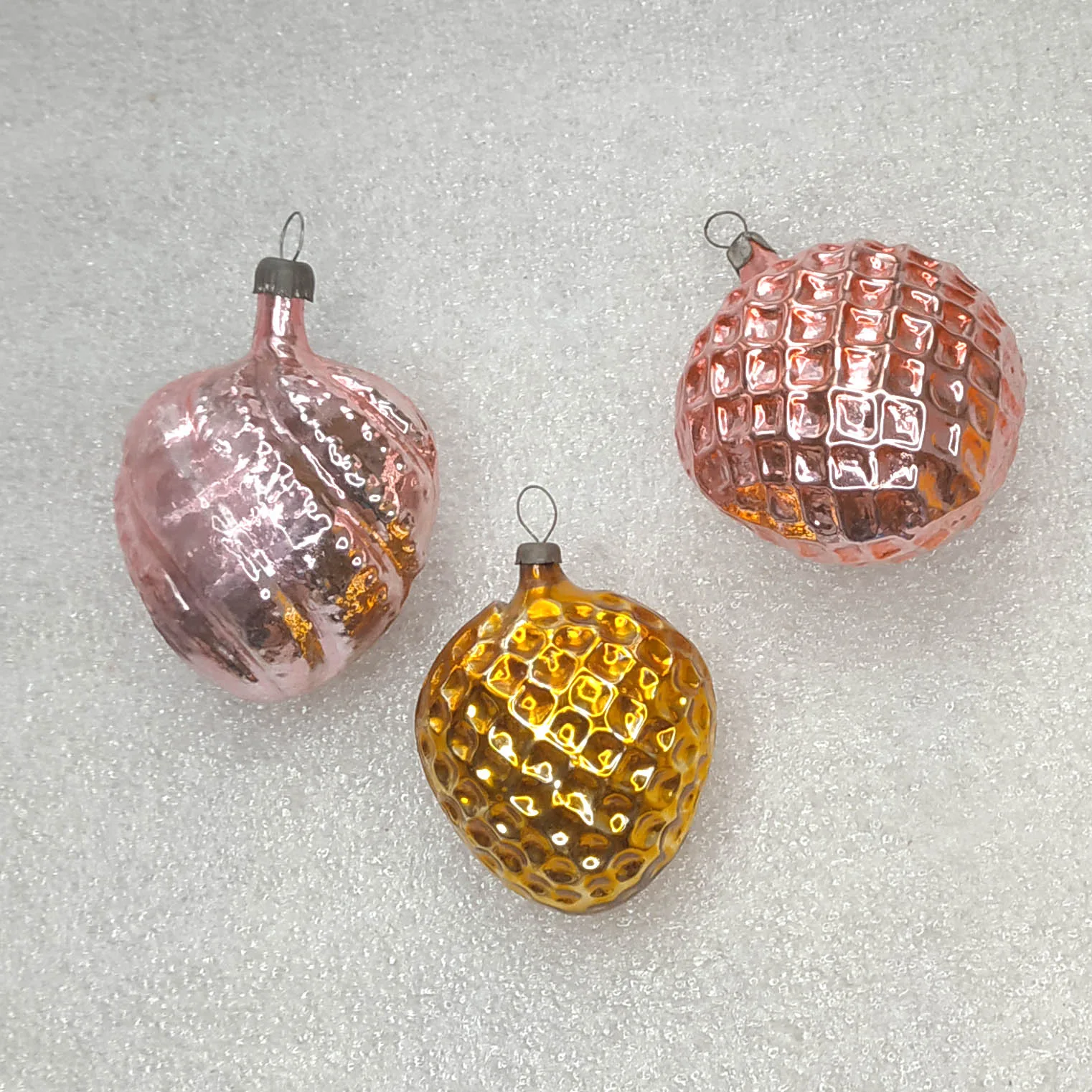 Set of 3 Vintage Silver Glass Christmas USSR Ornament Antique Hearts
