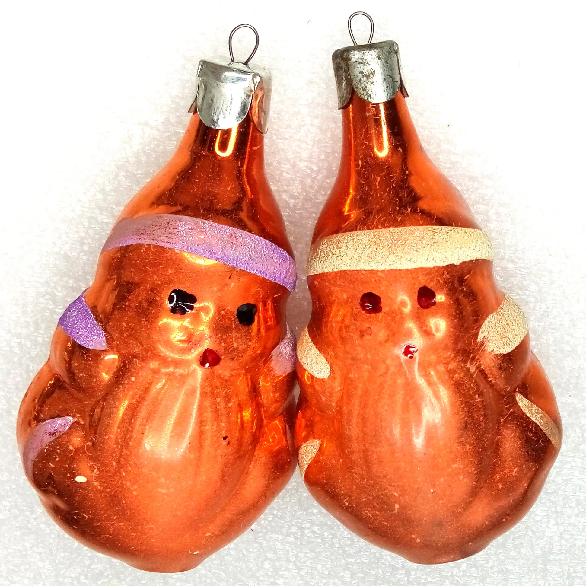 Set of 2 Vintage Ukrainian Glass Christmas Ornaments Santa