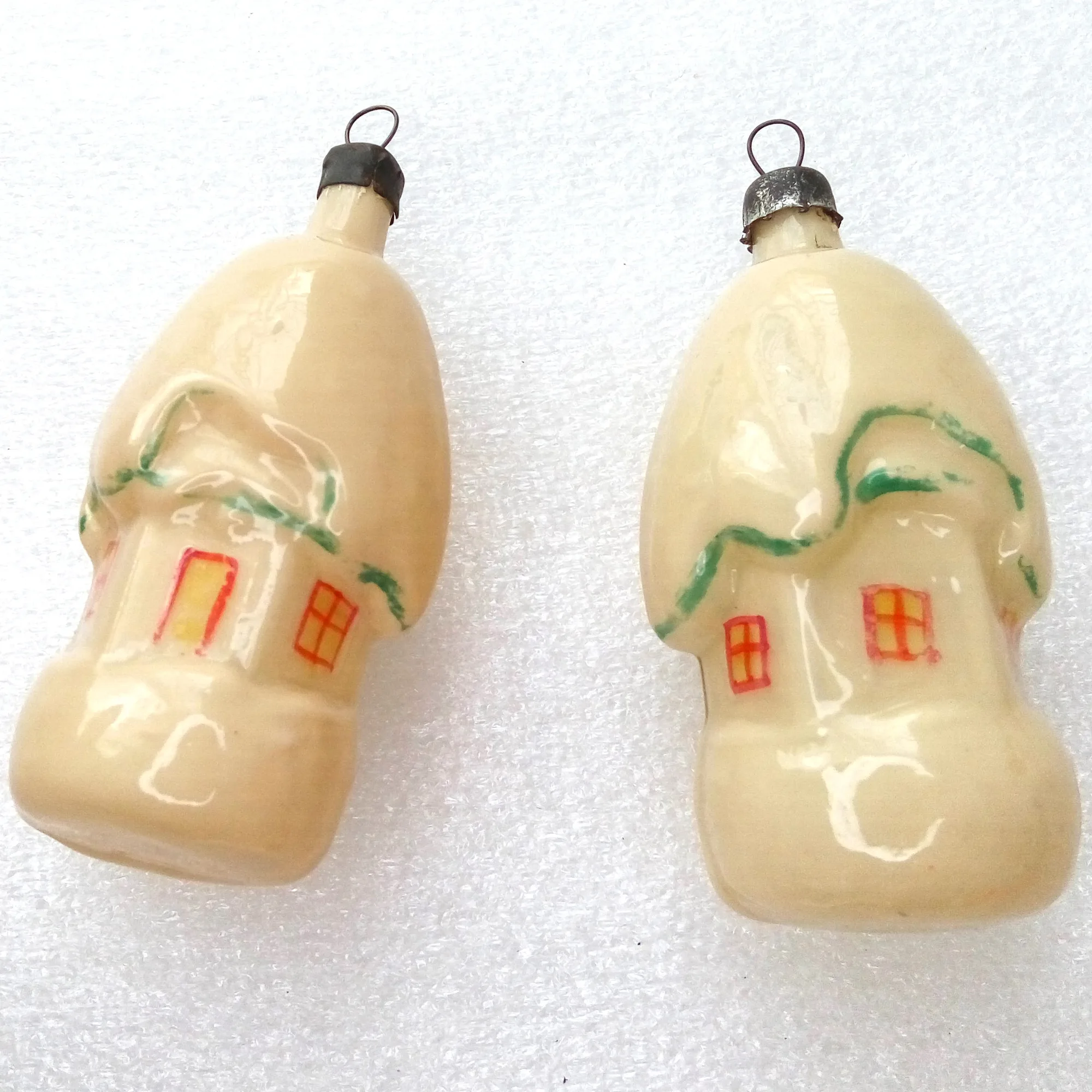 Set of 2 Vintage Ukrainian Glass Christmas Ornaments Houses