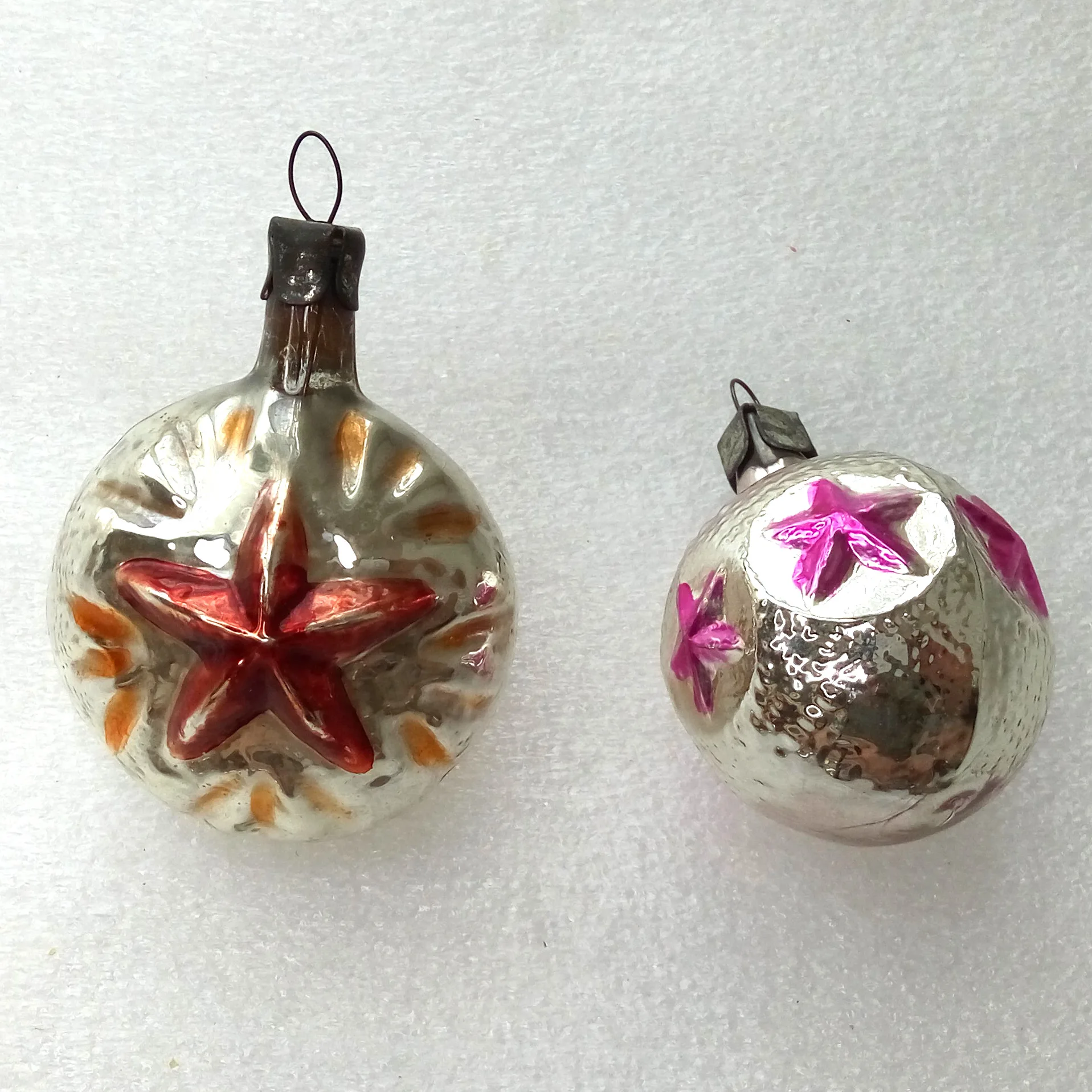 Set of 2 Vintage Glass Christmas Ornament Tree USSR Stars
