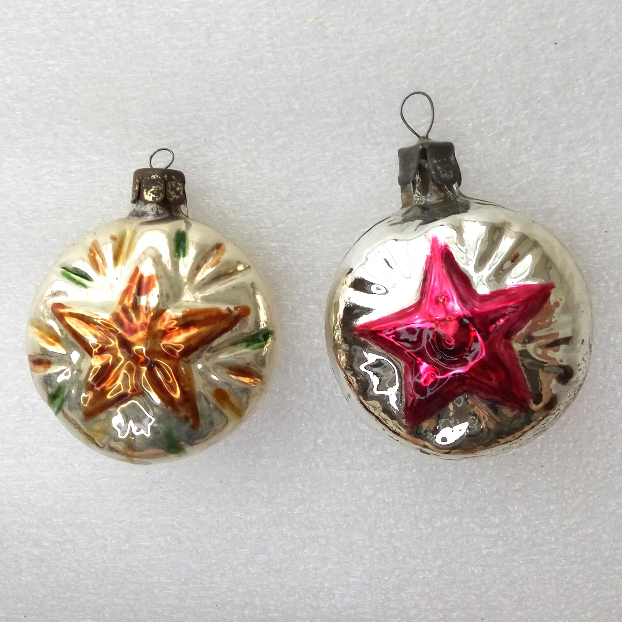 Set of 2 Vintage Glass Christmas Ornament Tree USSR Stars