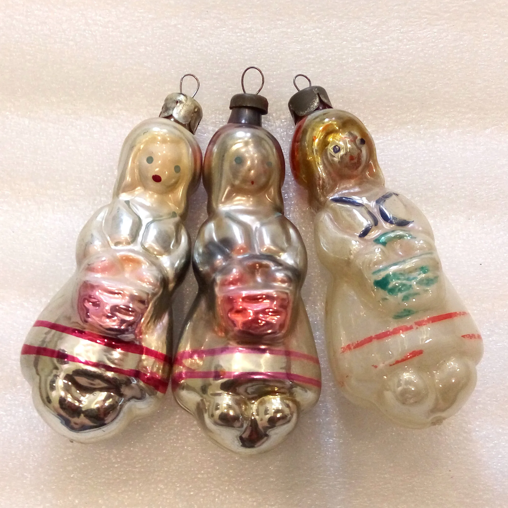 Set of 3 Antique Vintage USSR Silver Glass Christmas Tree Ornaments Decor Red Hood
