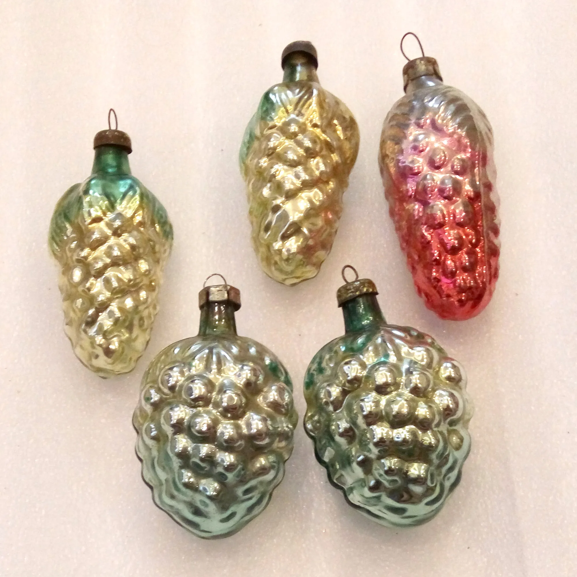 Set of 5 Vintage Antique Glass USSR Christmas Ornament Pinecones
