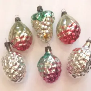 Set of 6 Antique Vintage USSR Silver Glass Christmas Tree Ornaments Decor Grapes