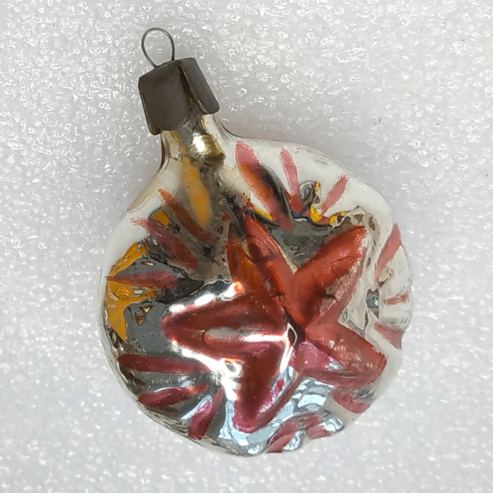 Antique Vintage USSR Silver Glass Christmas Ornament Red Star